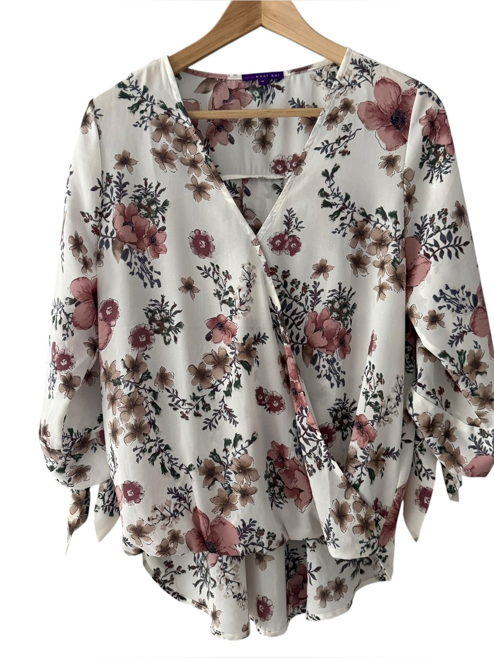 West Kei White Floral Surplice High Low Blouse